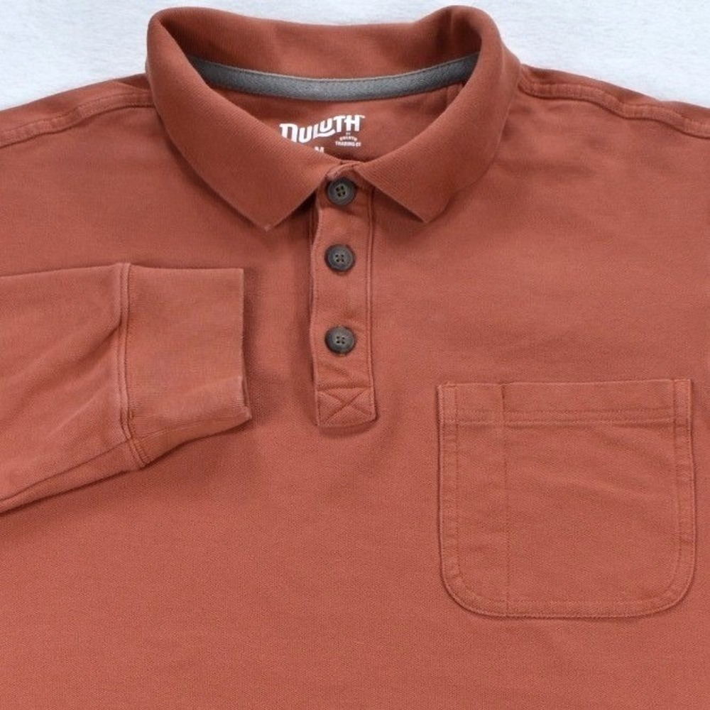 Duluth Trading Co Mens Medium Relaxed Fit Long Sleeve Polo Shirt Burnt Orange